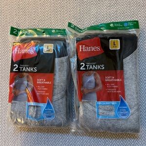 Two Packs Hanes Men's L Tagless Tanks 2 TANKS Undershirts GRAY & BLACK Ribbed